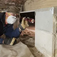 Exterminator inspecting under a home
