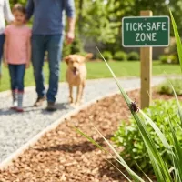 family and dog in a tick-safe yard