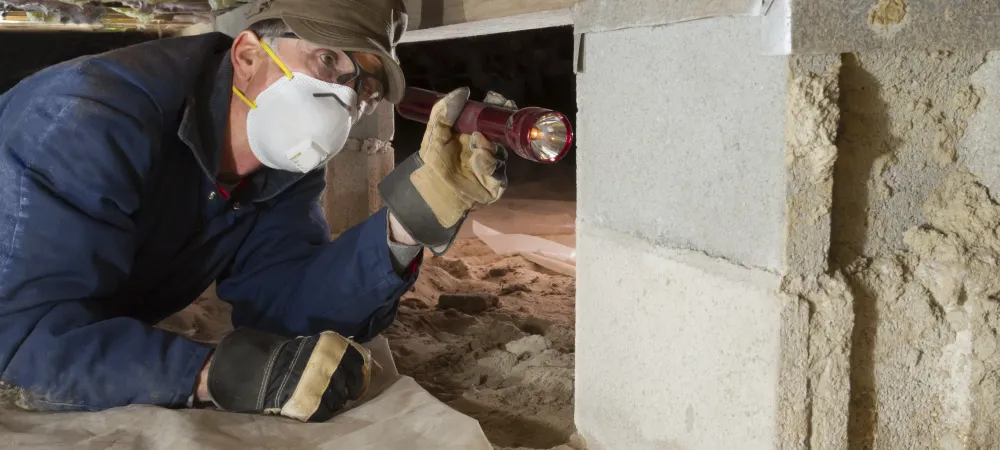 exterminator-inspecting-home Exterminator inspecting under a home