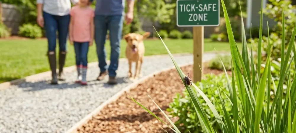 family and dog in a tick-safe yard
